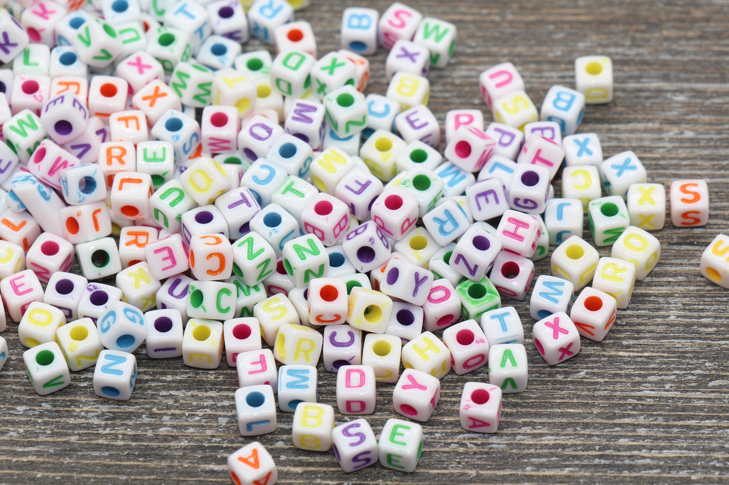 Multicolored Cube Alphabet Letter Beads, White with Rainbow Letter Beads, Plastic Letter Beads, Acrylic Square Name Beads, Size 4.8mm #1301