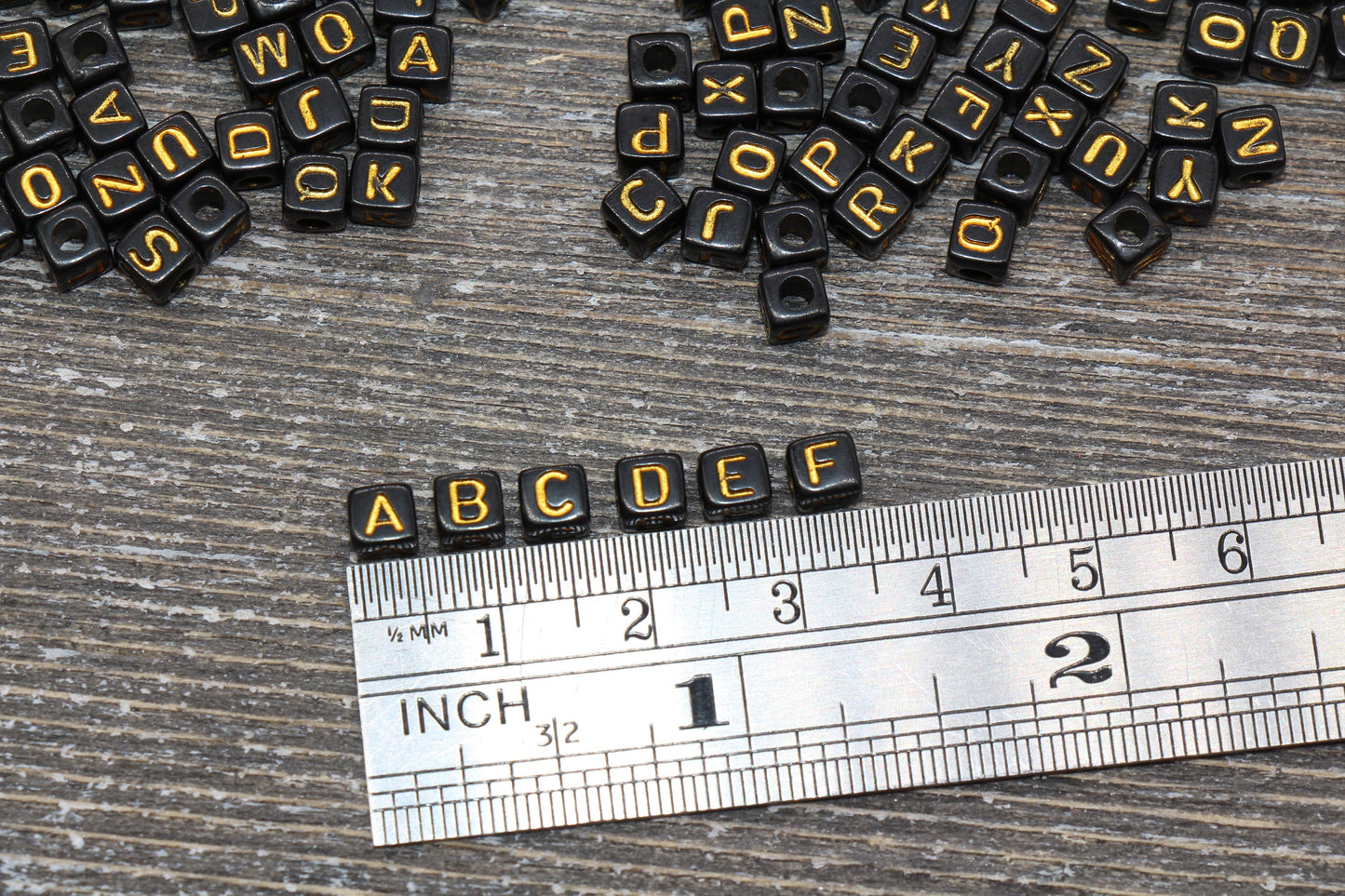 Gold Cube Alphabet Letter Beads, Black with Gold Letter Beads, Plastic Letter Beads, Acrylic Square Name Beads, Size 4.8mm #1302