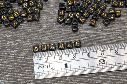 Gold Cube Alphabet Letter Beads, Black with Gold Letter Beads, Plastic Letter Beads, Acrylic Square Name Beads, Size 4.8mm #1302