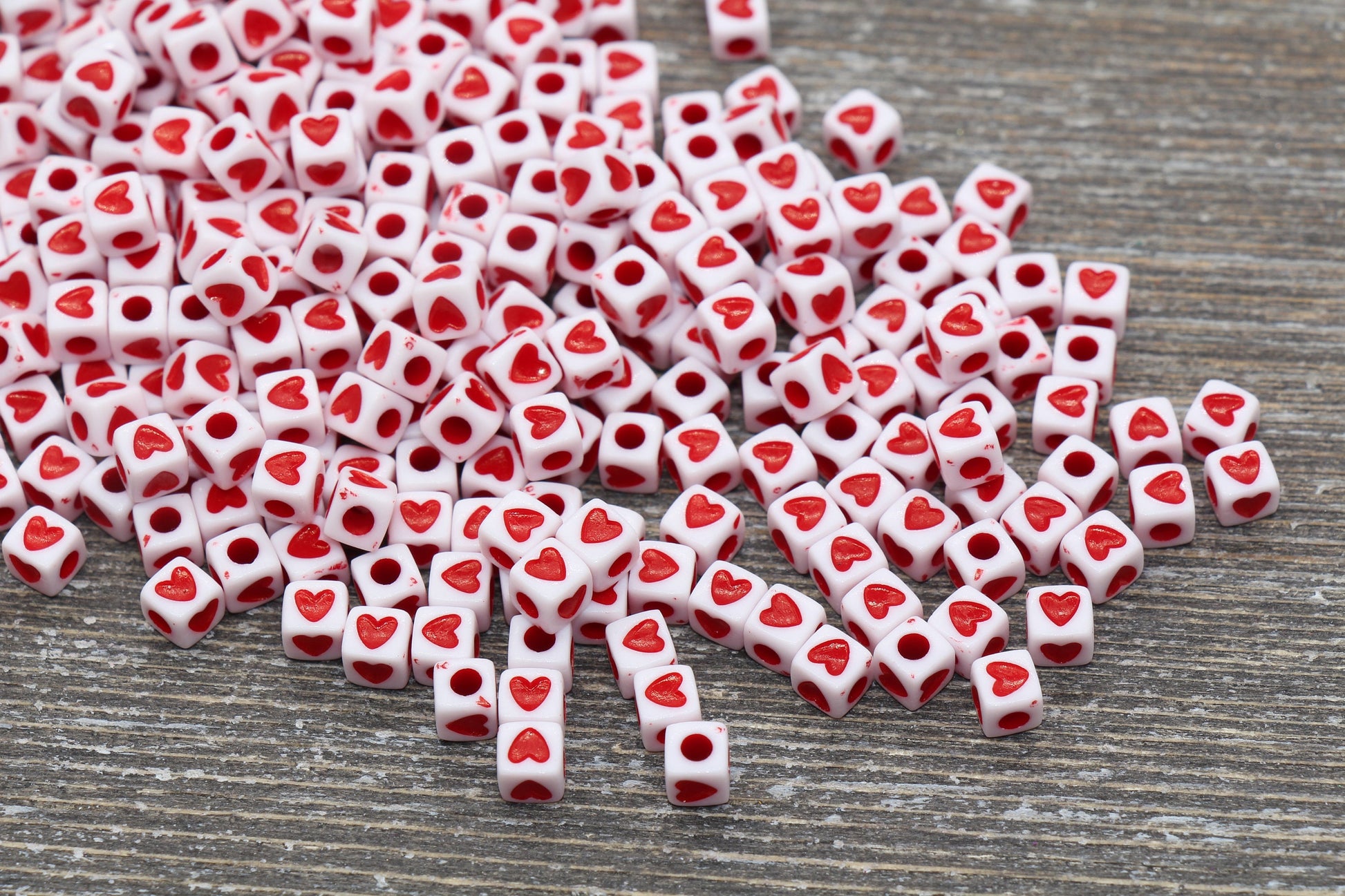 Cube Red Heart Beads, White with Red Heart Beads, Plastic Heart Beads, Acrylic Square Symbol Beads, Size 5mm #1305