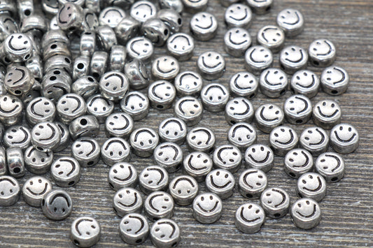 Silver Smiley Face Round Beads, Emoji Beads, Happy Face Beads, Plastic Round Beads Size 7mm #1316