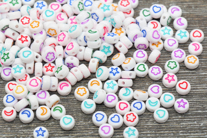 Heart, Star, Flower, Moon Beads, Acrylic White with Multicolored symbol Beads, Symbol Beads, Plastic Heart Star Moon Flower Size 7mm #1341