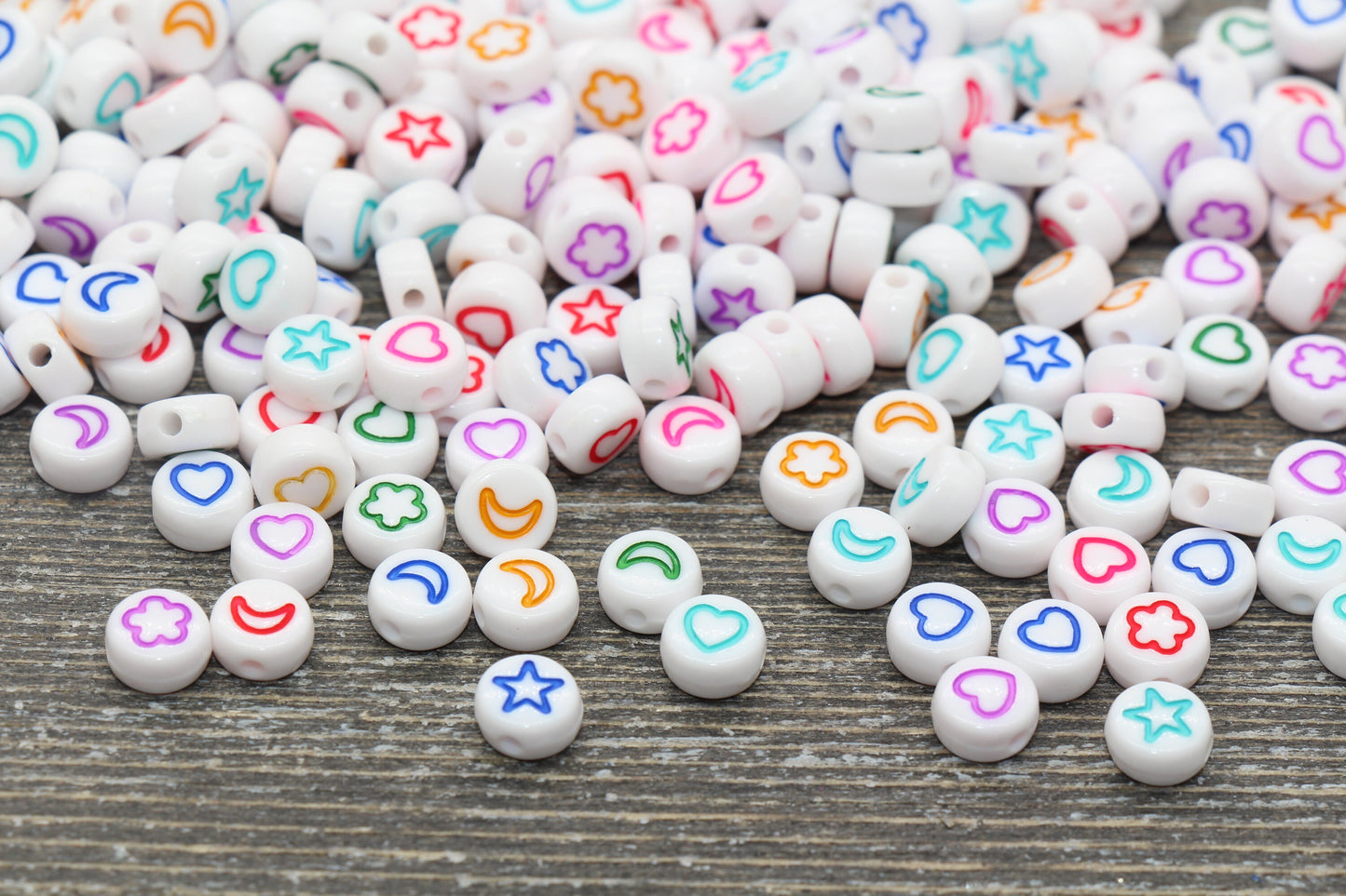 Heart, Star, Flower, Moon Beads, Acrylic White with Multicolored symbol Beads, Symbol Beads, Plastic Heart Star Moon Flower Size 7mm #1341