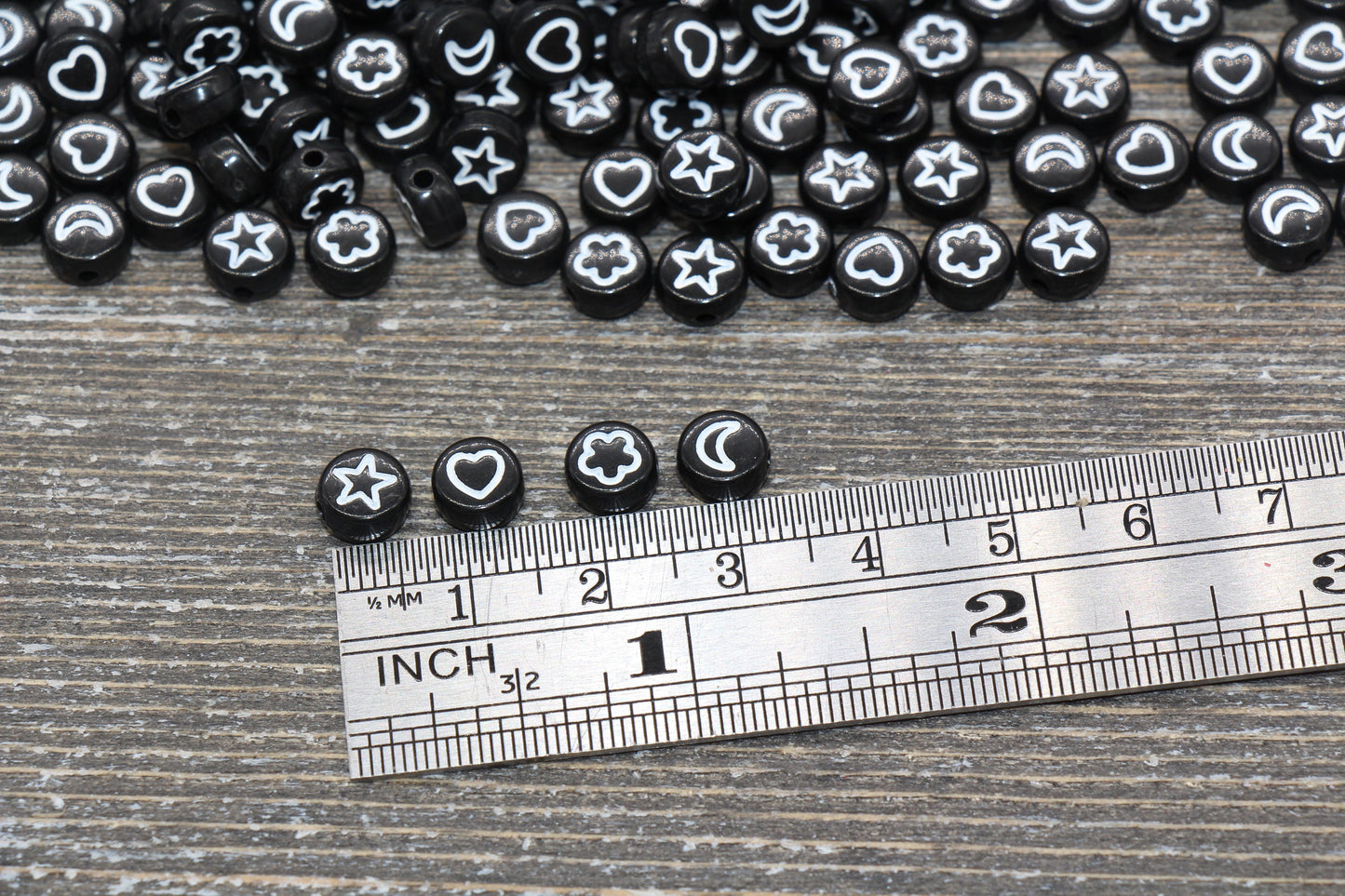 Heart, Star, Flower, Moon Beads, Acrylic Black with White symbol Beads, Symbol Beads, Plastic Heart Star Moon Flower Size 7mm #1342