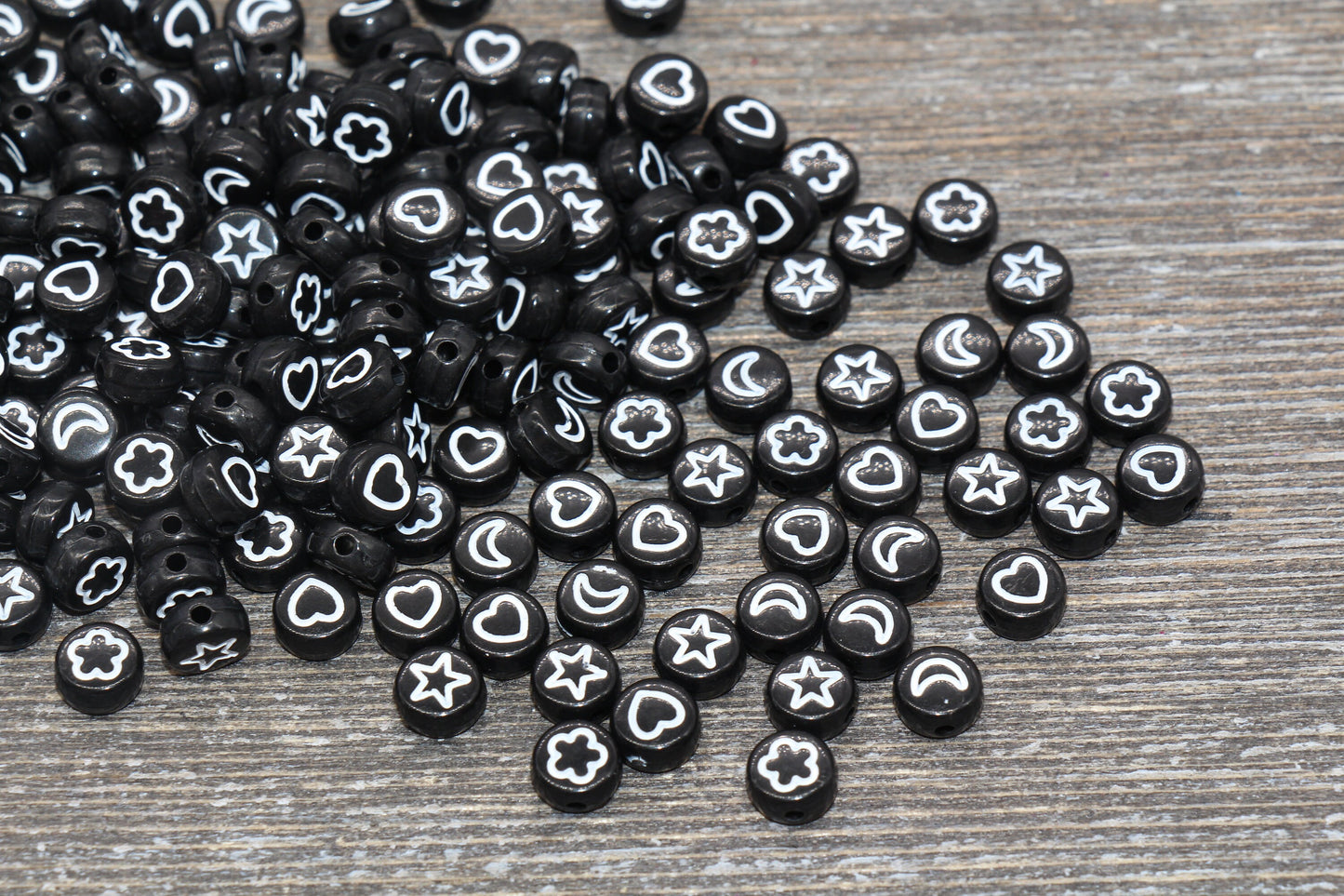 Heart, Star, Flower, Moon Beads, Acrylic Black with White symbol Beads, Symbol Beads, Plastic Heart Star Moon Flower Size 7mm #1342