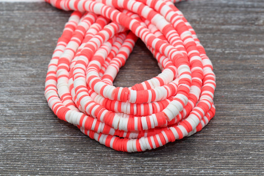 6mm Orange and White Mixed Heishi Beads, Polymer Clay Disc Beads, African Disc Beads, Wholesale Vinyl Heishi, 16 inch Strand #59