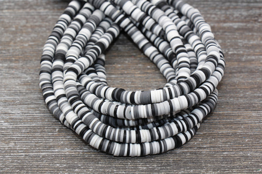 6mm Multicolored Polymer Clay Disc Beads, Gray, White, and Black Mix Heishi Beads, African Disc Beads, Vinyl Heishi, Full Strand #504