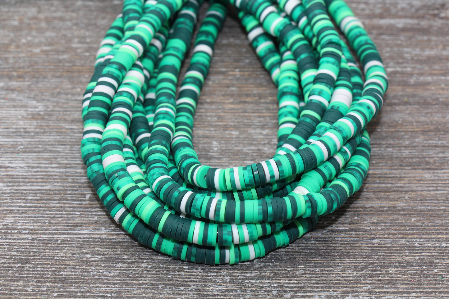 6mm Multicolored Polymer Clay Disc Beads, Green and White Mixed Color Heishi Beads, African Disc Beads, Vinyl Heishi, 16 inch Strand #42