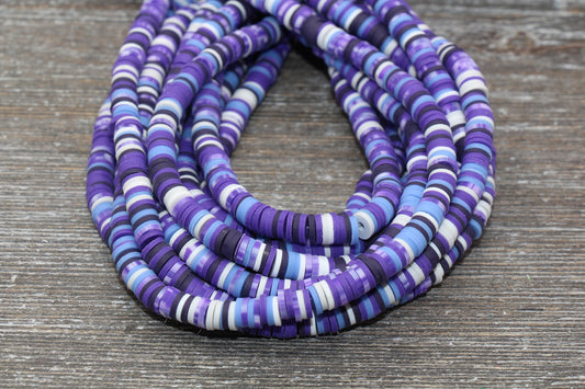 6mm Multicolored Polymer Clay Disc Beads, Purple, Black and White Mixed Heishi Beads, African Disc Beads, Vinyl Heishi, 16 inch Strand #491