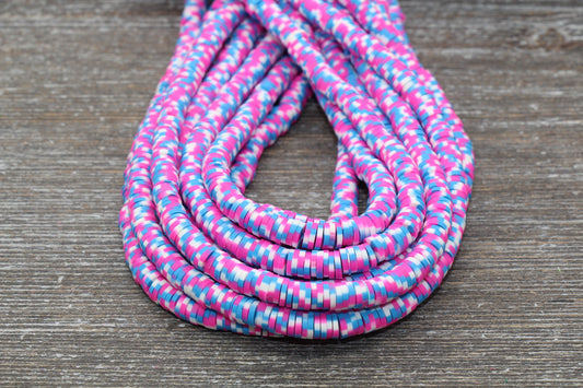 6mm Multicolored Speckled Heishi Beads, Pink, Blue and White Polymer Clay Disc Beads, African Disc Beads, Vinyl Heishi, 16 inch Strand #33