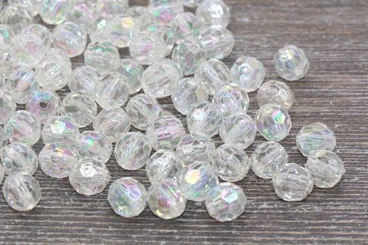 10mm Clear Translucent AB Faceted Gumball Beads, Iridescent Faceted Acrylic Beads, Bubblegum Beads, Chunky Beads, Star Cut Beads #1343