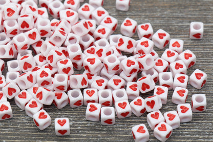 Red Heart Beads, Cube Heart Beads, Square Heart Beads, Heart Symbol Beads, Heart Slider Beads, White Beads with Red Hearts, Size 6mm #103