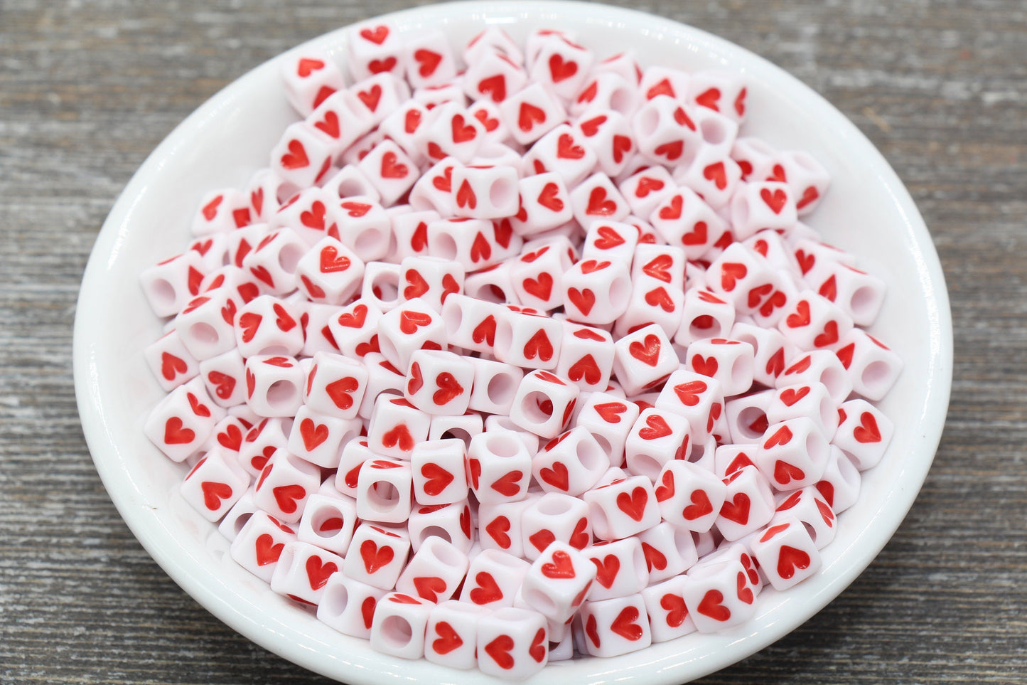 Red Heart Beads, Cube Heart Beads, Square Heart Beads, Heart Symbol Beads, Heart Slider Beads, White Beads with Red Hearts, Size 6mm #103