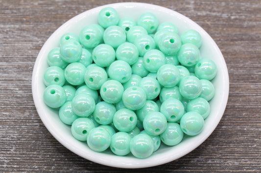 12mm Mint AB Gumball Beads, Iridescent Acrylic Loose Beads, Solid Bubblegum Beads, Chunky Beads, Smooth Round Plastic Beads #1332