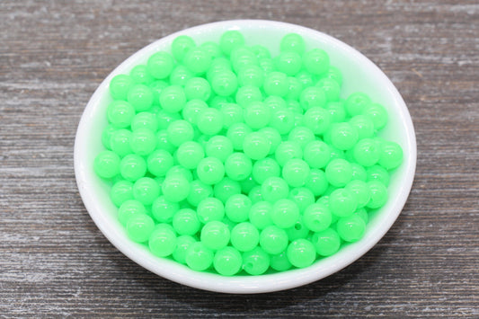 8mm Glow in Dark Green Gumball Beads, Round Acrylic Loose Beads, Bubblegum Beads, Chunky Beads, Smooth Plastic Round Beads #1448