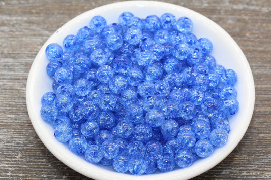 8mm Blue Crackle Gumball Beads, Acrylic Crackle Loose Beads, Bubblegum Beads, Chunky Beads, Smooth Round Plastic Beads #1539