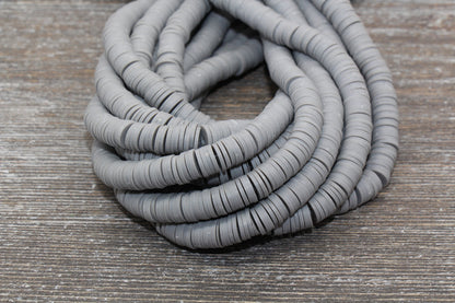 8mm Gray Heishi Beads, Gray Polymer Clay Disc Beads, African Disc Beads, Vinyl Heishi, 16 inch Strand #119