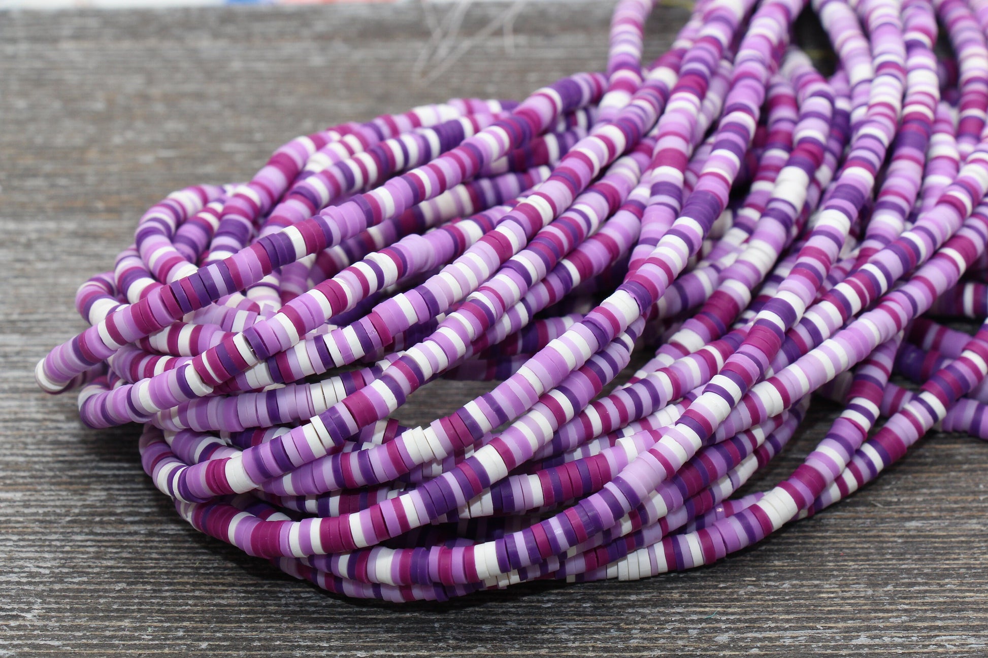 4mm Purple and White Multicolored Heishi Beads, Purple Mix Polymer Clay Disc Beads, African Disc Beads, Vinyl Heishi, Full Strand #529