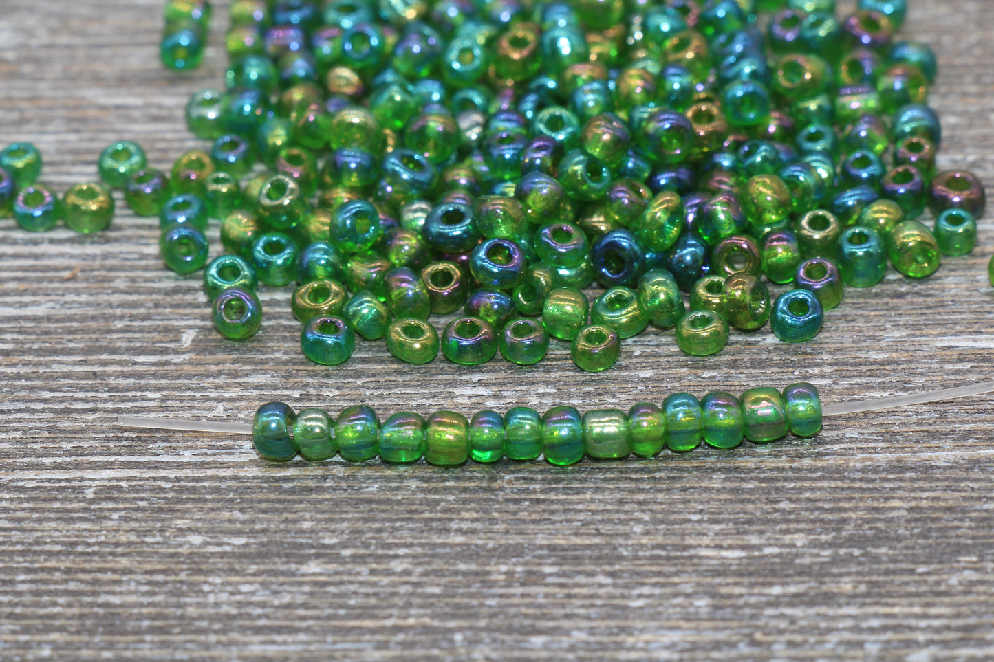 Transparent Iridescent Glass Seed Beads, 4mm 6/0 Glass Round Seed Beads, Green AB Trans Seed Beads, Rocailles Beads, Beading Supplies #1414