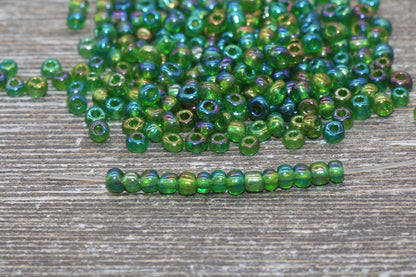 Transparent Iridescent Glass Seed Beads, 4mm 6/0 Glass Round Seed Beads, Green AB Trans Seed Beads, Rocailles Beads, Beading Supplies #1414