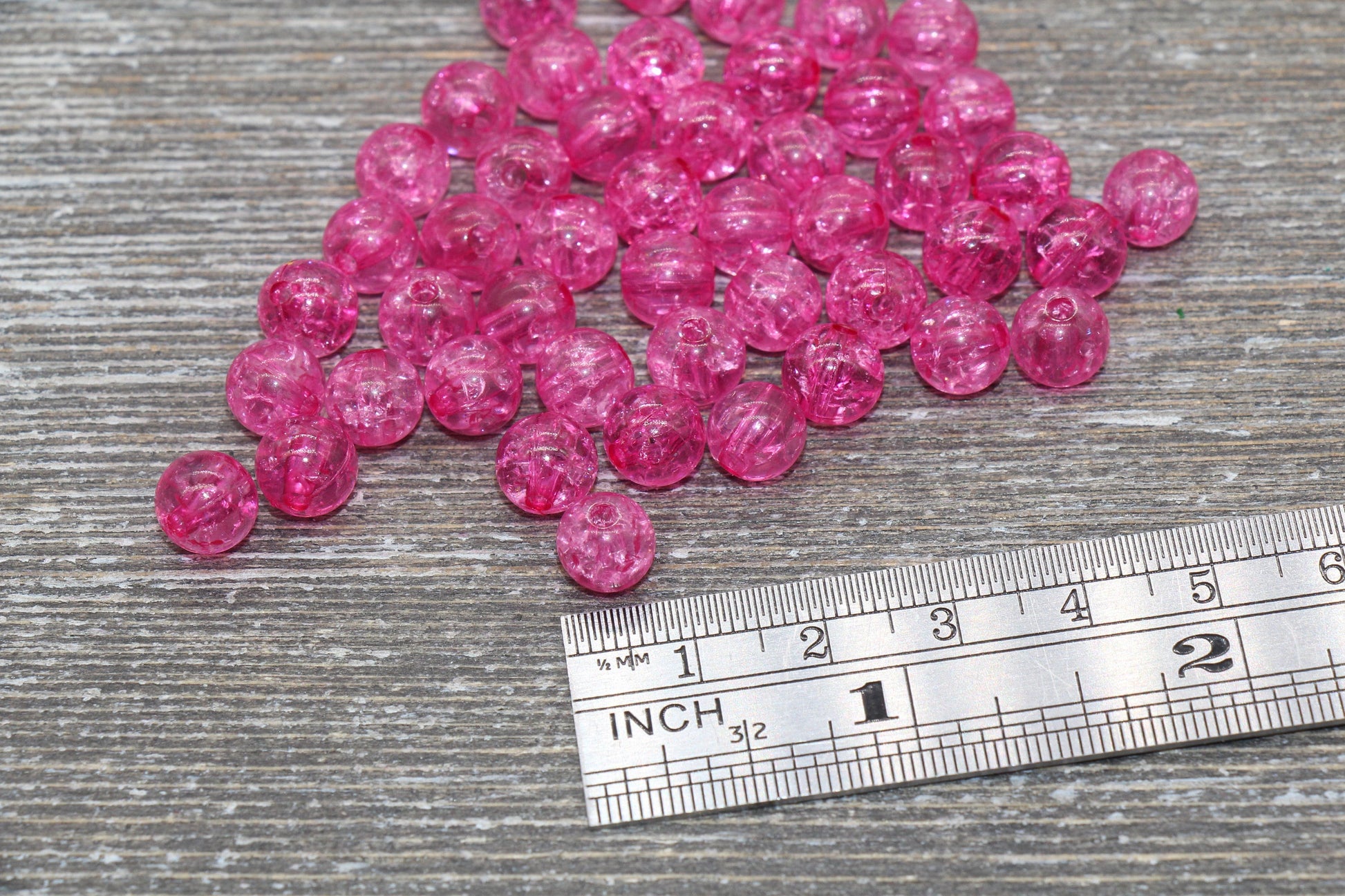 8mm Hot Pink Crackle Gumball Beads, Acrylic Crackle Loose Beads, Bubblegum Beads, Chunky Beads, Smooth Round Plastic Beads #1522