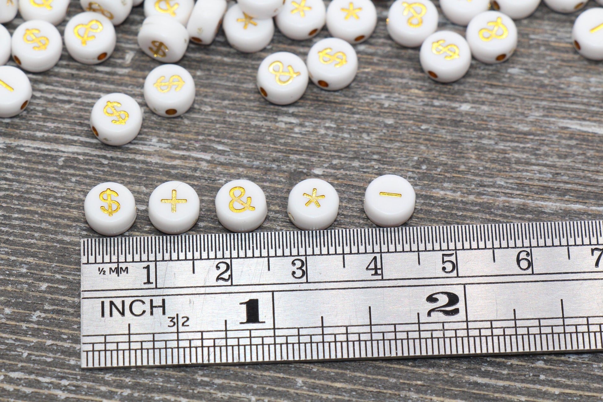 Ampersand, Asterisk, Plus, Minus, Dollar Sign Symbol Beads, Acrylic White Beads with Gold symbol Beads, Round Symbol Beads, Size 7mm #1545