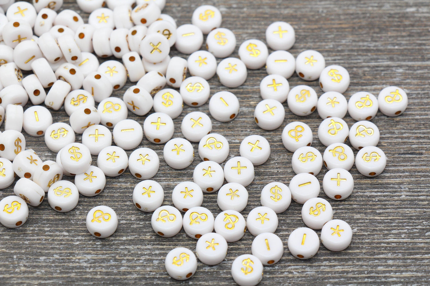 Ampersand, Asterisk, Plus, Minus, Dollar Sign Symbol Beads, Acrylic White Beads with Gold symbol Beads, Round Symbol Beads, Size 7mm #1545