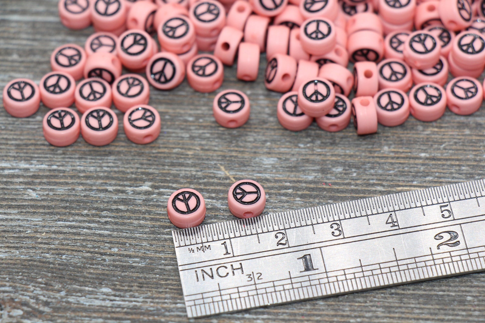 Pink Peace Beads, Acrylic Pink Peace Symbol Beads, Pink Beads With Black Peace Beads, Acrylic Symbol Beads, Size 7mm #1596