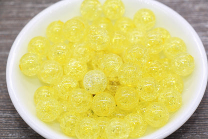 12mm Yellow Crackle Gumball Beads, Acrylic Crackle Loose Beads, Bubblegum Beads, Chunky Beads, Smooth Round Plastic Beads #1606