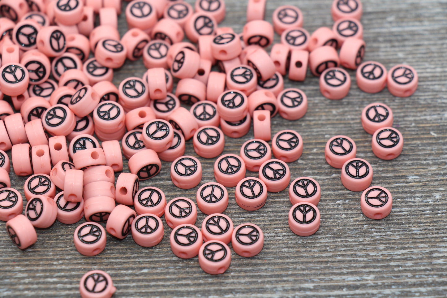 Pink Peace Beads, Acrylic Pink Peace Symbol Beads, Pink Beads With Black Peace Beads, Acrylic Symbol Beads, Size 7mm #1596