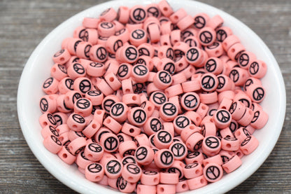 Pink Peace Beads, Acrylic Pink Peace Symbol Beads, Pink Beads With Black Peace Beads, Acrylic Symbol Beads, Size 7mm #1596