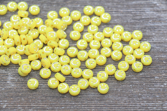 Silver Smiley Face Yellow Round Beads, Yellow Emoji Beads, Happy Face Beads, Plastic Round Beads Size 7mm #1595