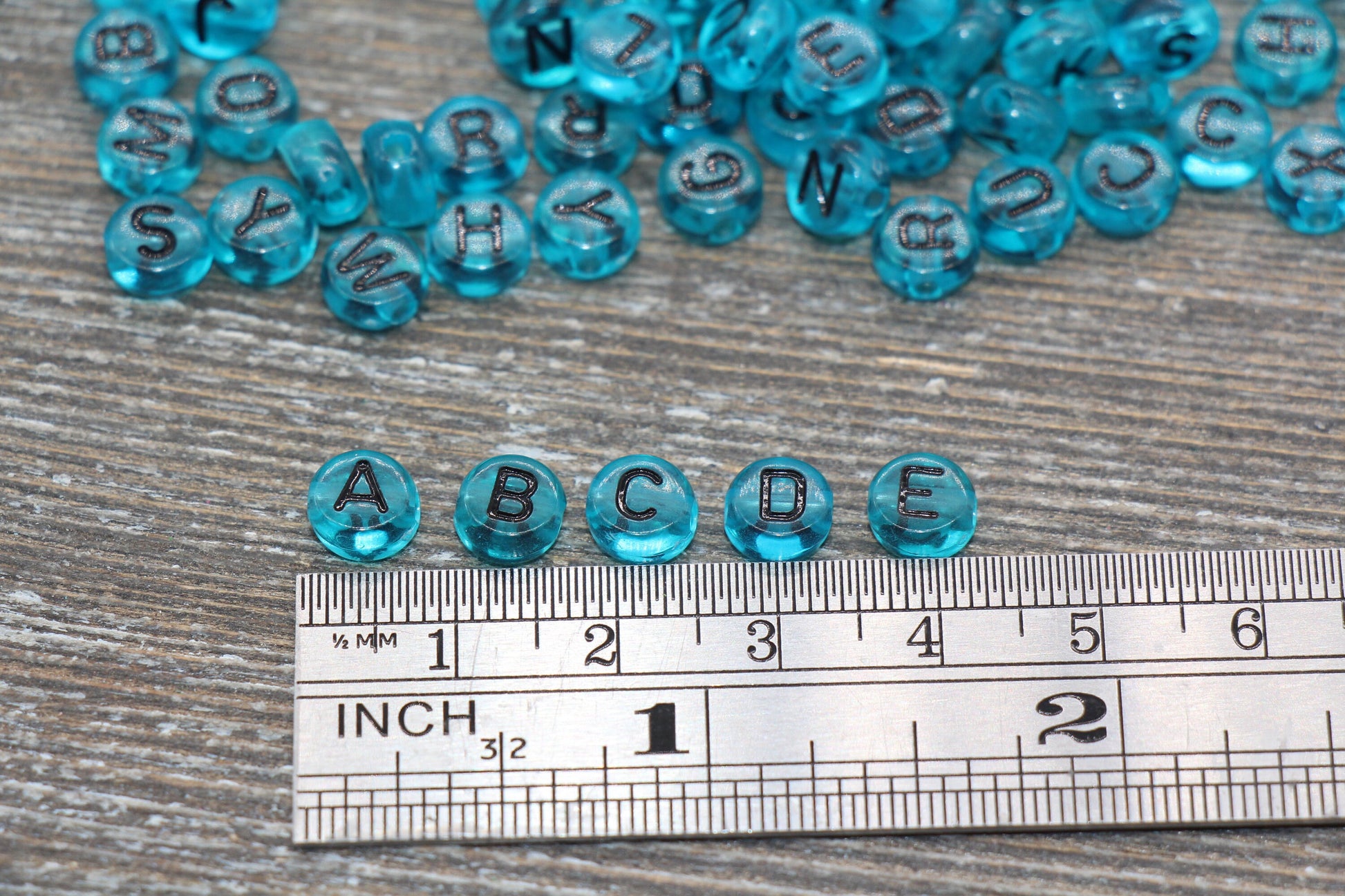 Blue Alphabet Letter Beads, Translucent Acrylic Blue Beads with Black Letters, Round Acrylic Beads, Mix Letters, Name Beads 7mm #1617