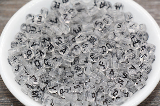 Clear Alphabet Letter Beads, Transparent Acrylic Beads with Black Letters, Round Acrylic Beads, Mix Letters, Name Beads 7mm #1618