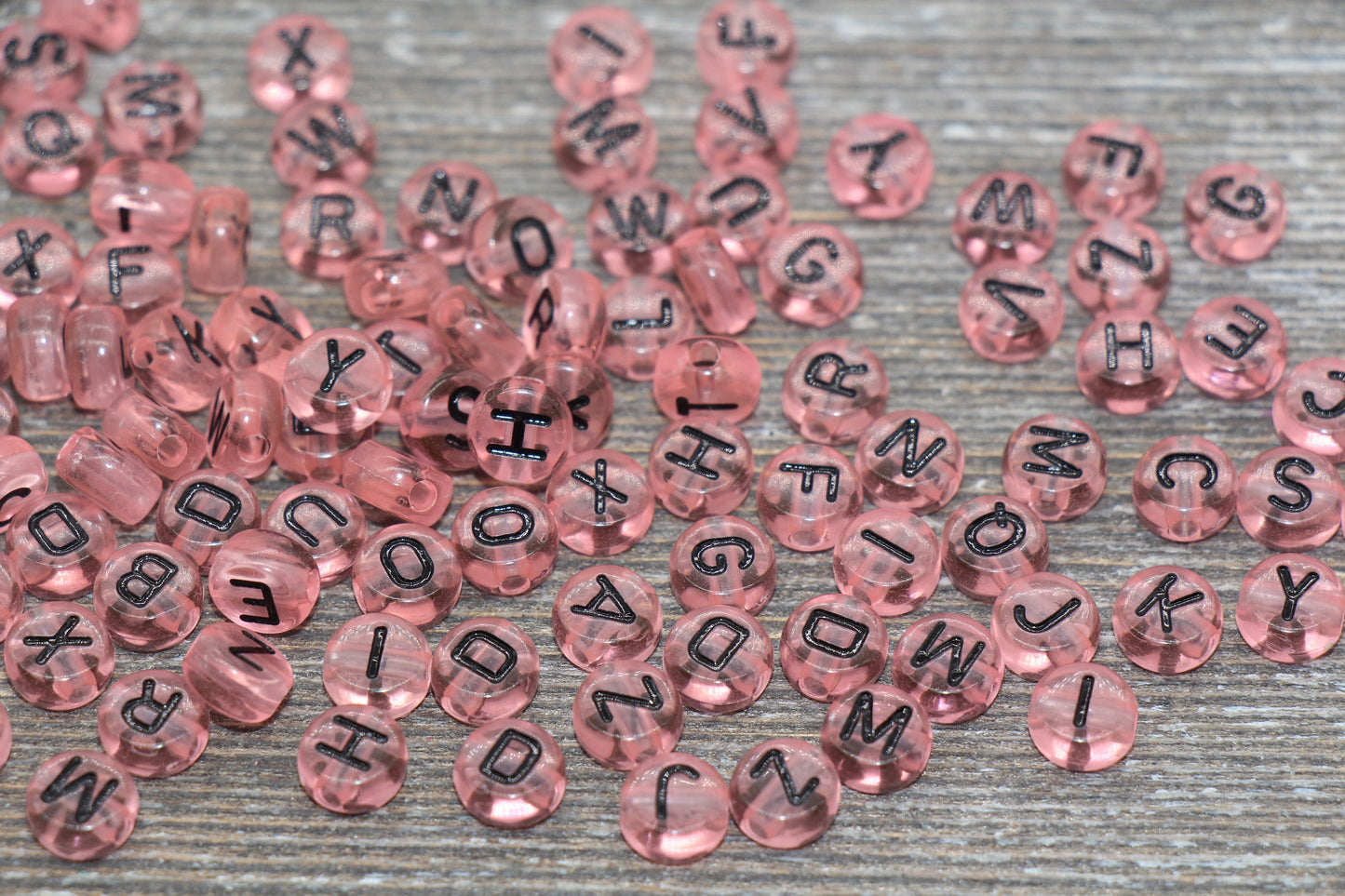 Pink Alphabet Letter Beads, Translucent Acrylic Pink Beads with Black Letters, Round Acrylic Beads, Mix Letters, Name Beads 7mm #1619