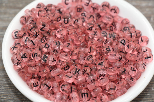 Pink Alphabet Letter Beads, Translucent Acrylic Pink Beads with Black Letters, Round Acrylic Beads, Mix Letters, Name Beads 7mm #1619