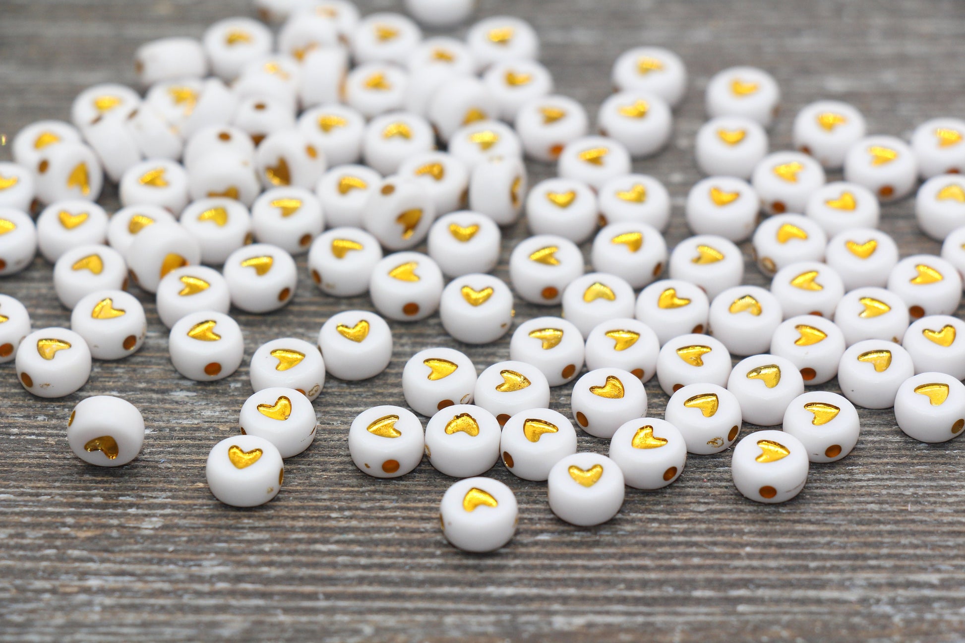 Gold Heart Beads, Acrylic White Beads with Gold Hearts, Plastic Heart Beads, Acrylic Symbol Beads, Heart Bracelet Beads, Size 7mm #1623