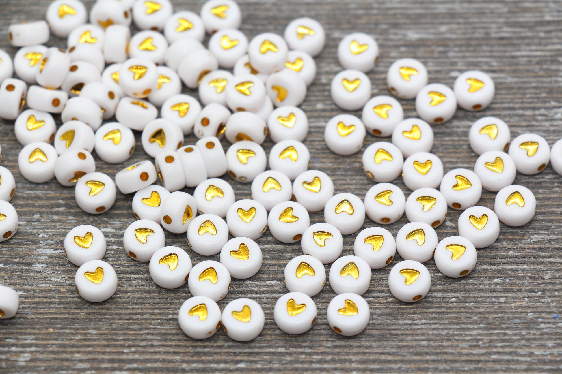 Gold Heart Beads, Acrylic White Beads with Gold Hearts, Plastic Heart Beads, Acrylic Symbol Beads, Heart Bracelet Beads, Size 7mm #1623