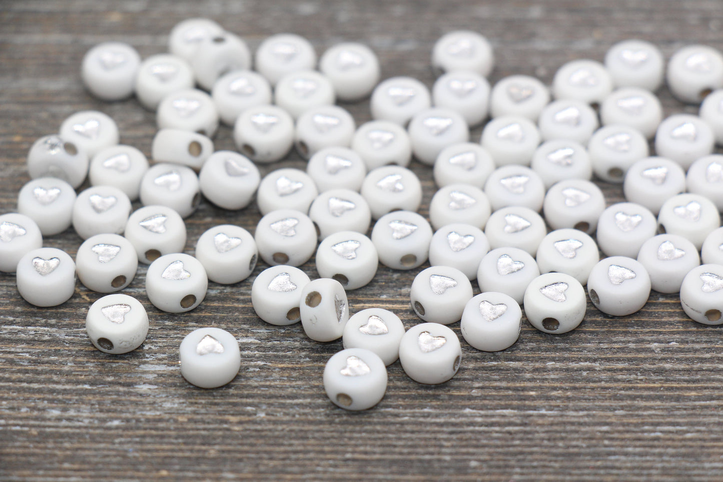 Silver Heart Beads, Acrylic White Beads with Silver Hearts, Plastic Heart Beads, Acrylic Symbol Beads, Heart Beads, Size 7mm #1624