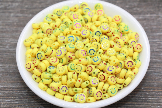Multicolored Smiley Face Yellow Round Beads, Yellow Emoji Beads, Happy Face Beads, Plastic Round Beads Size 7mm #1613