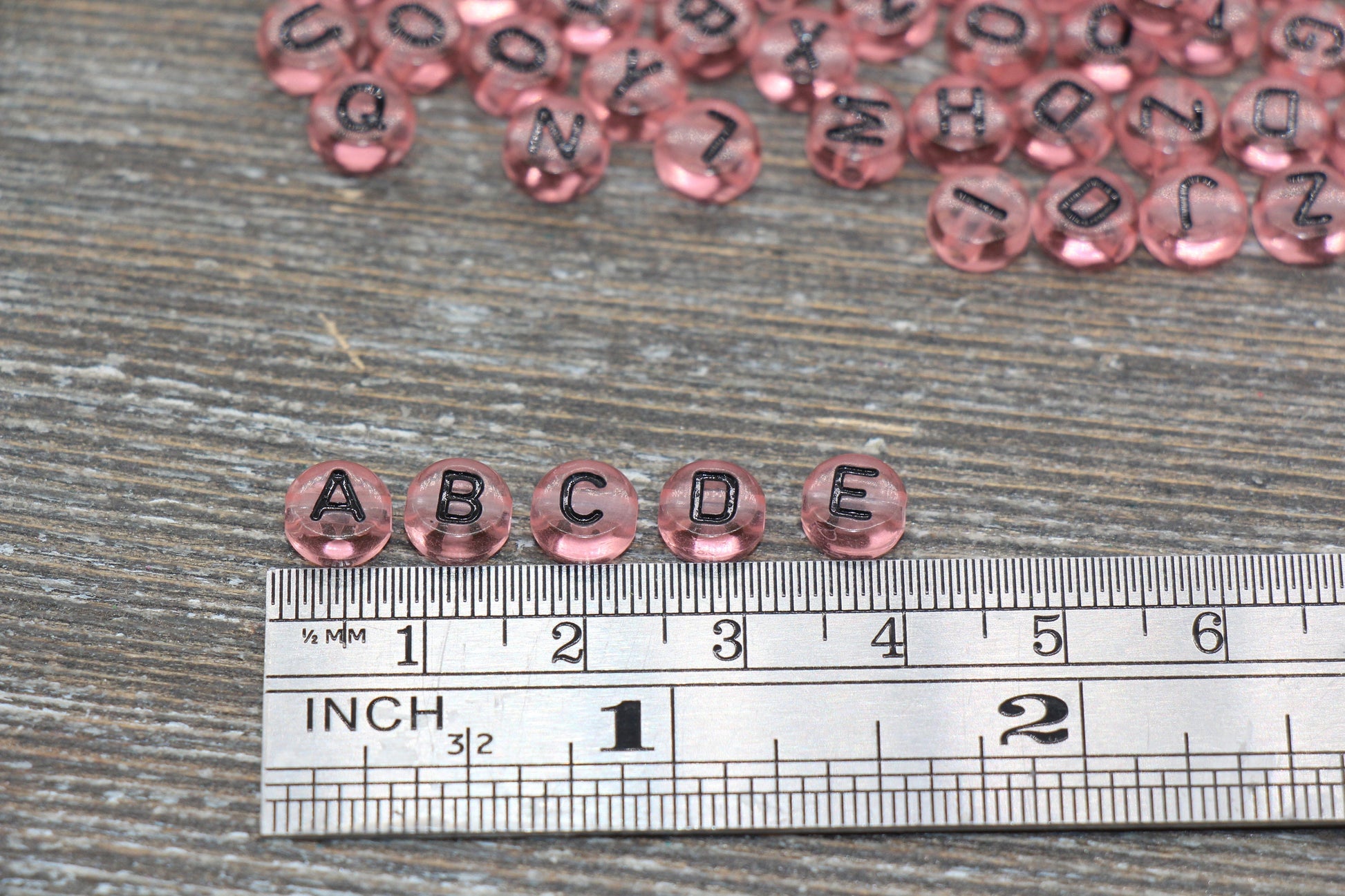 Pink Alphabet Letter Beads, Translucent Acrylic Pink Beads with Black Letters, Round Acrylic Beads, Mix Letters, Name Beads 7mm #1619