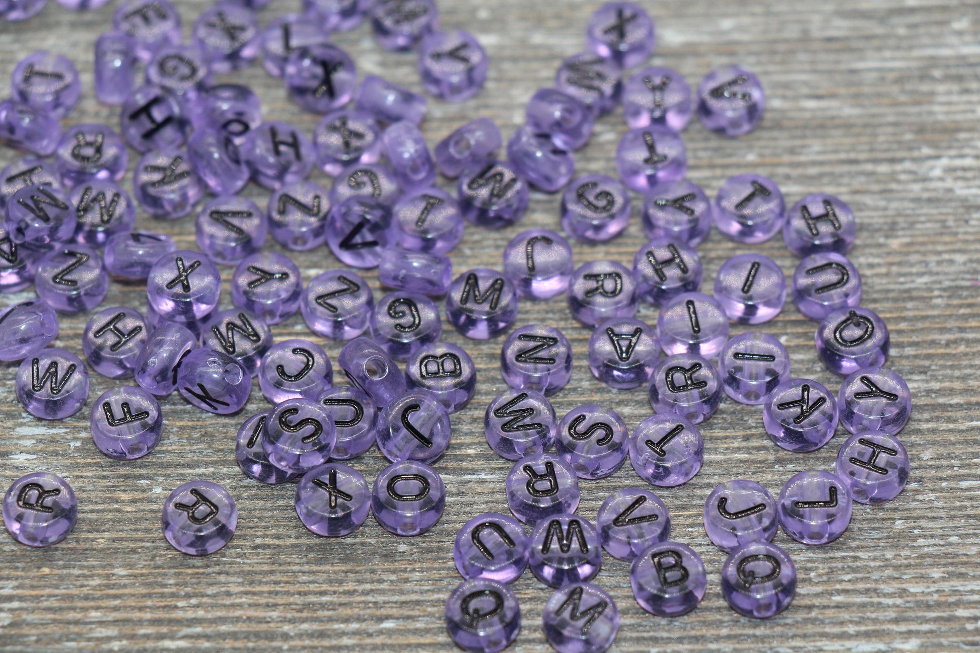 Purple Alphabet Letter Beads, Translucent Acrylic Purple Beads with Black Letters, Round Acrylic Beads, Mix Letters, Name Beads 7mm #1620