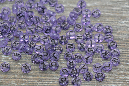 Purple Alphabet Letter Beads, Translucent Acrylic Purple Beads with Black Letters, Round Acrylic Beads, Mix Letters, Name Beads 7mm #1620