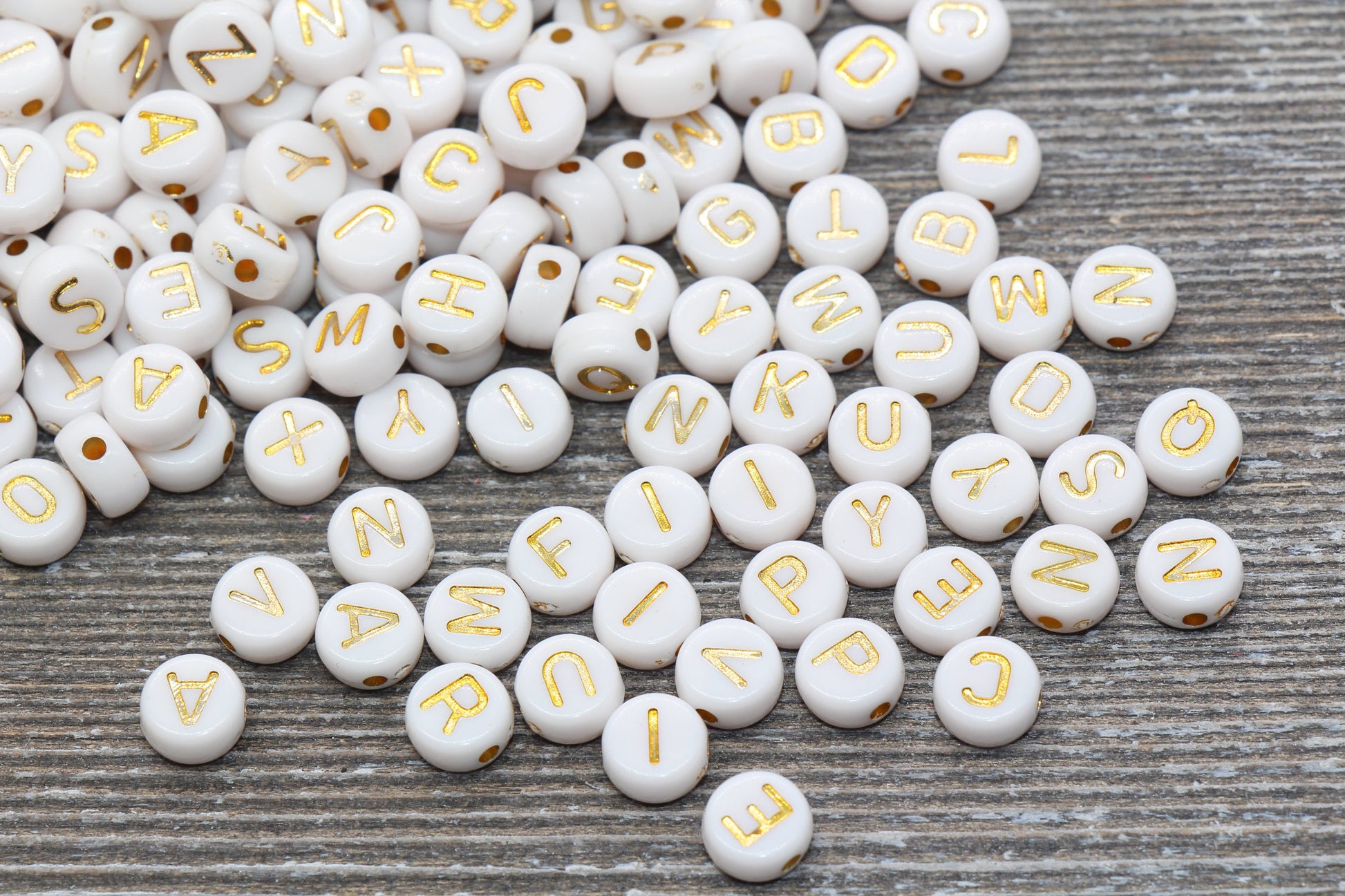 Alphabet Letter Beads, Acrylic White and Gold Letter Beads, Round Acrylic Beads, ABC Letter Beads, Name Beads, Size 7mm #83