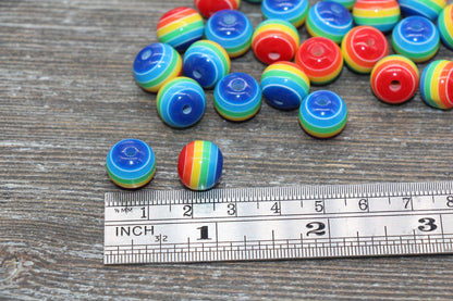 12mm Rainbow Striped Acrylic Beads, Round Acrylic Loose Beads, Striped Bubblegum Beads, Chunky Bubble Gum Beads, Round Plastic Beads #627