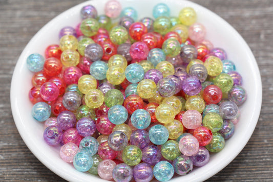 8mm Multicolor Iridescent Gumball Beads, Rainbow AB Acrylic Crackle Loose Beads, Bubblegum Beads, Chunky Beads, Smooth Round Beads #628