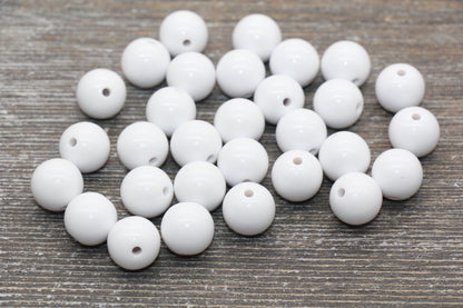 14mm White Gumball Beads, Round Acrylic Loose Beads, Solid Bubblegum Beads, Chunky Beads, Smooth Round Plastic Beads #1659