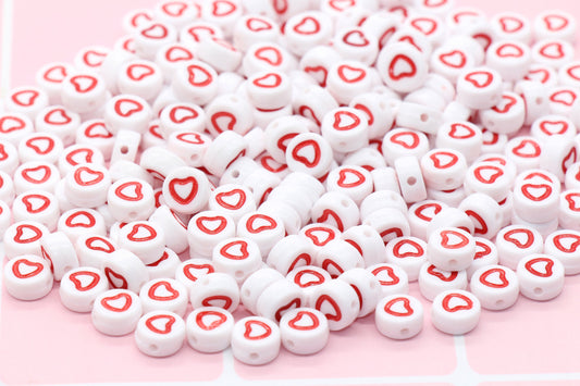 Red Outline Heart Beads, Acrylic Heart Beads, Red and White Heart Beads, Acrylic Symbol Beads, Size 7mm #114