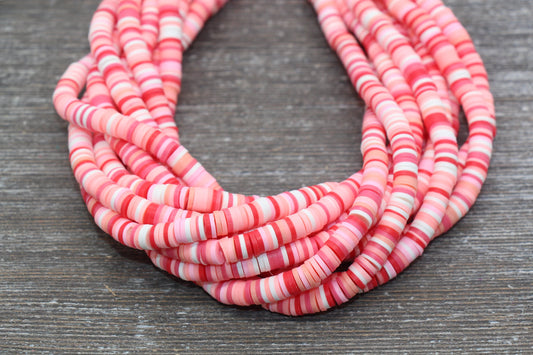 6mm Multicolored Heishi Beads, Pink Mixed Color Polymer Clay Disc Beads, African Disc Beads, Wholesale Vinyl Heishi, 16 inch Strand #201