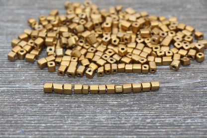 Square Glass Seed Beads, 4mm Cube Glass Beads, Gold Square Seed Beads, Opaque Beads, Beading Supplies #1239